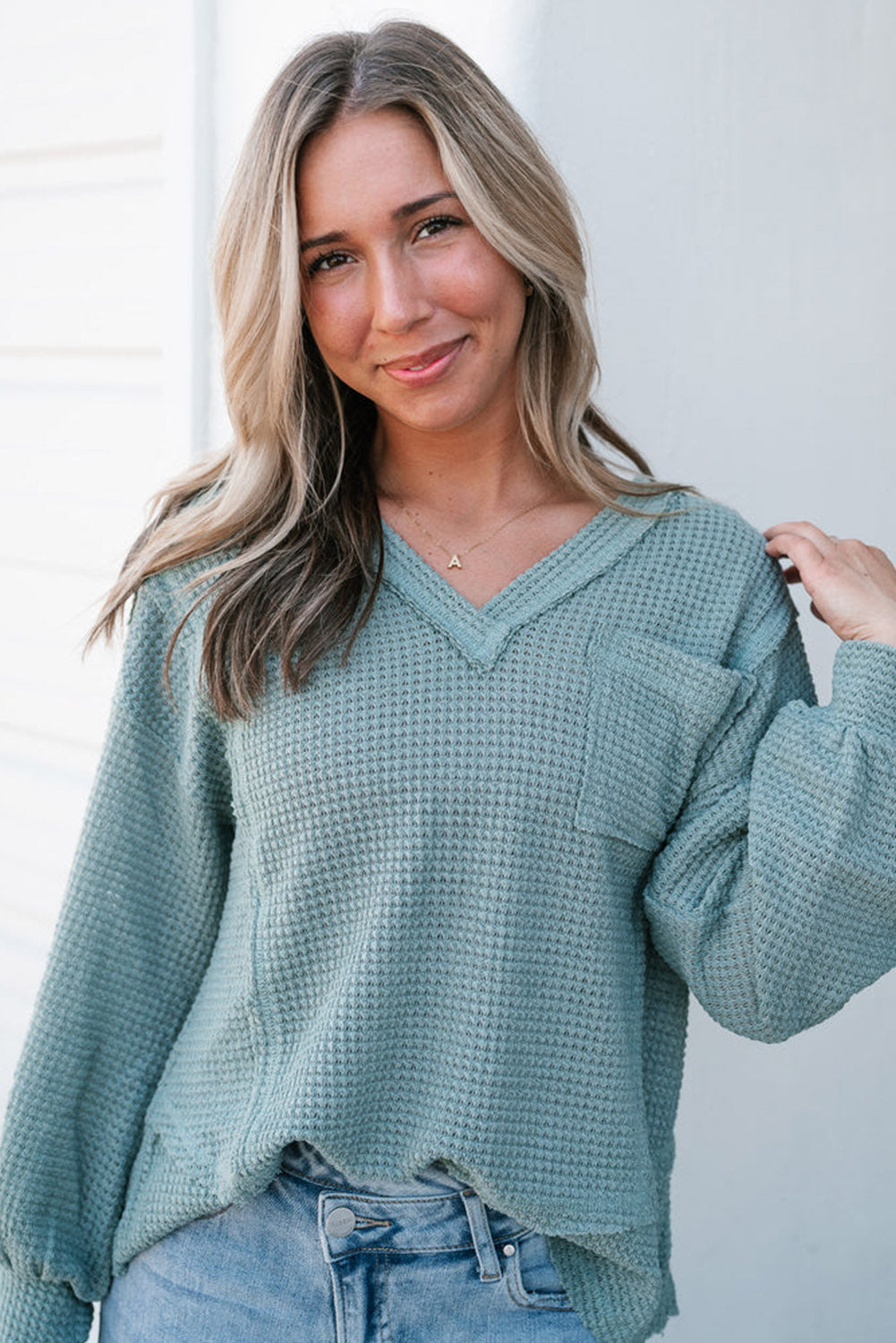 Eden Raw Edge Detail Waffle Knit V Neck Top