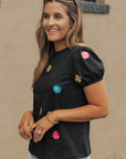 Oaklyn Embroidered Flower Short Puff Sleeve Tee