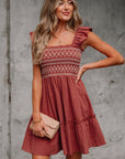 Geometric Embroidered Ruffle Mini Dress