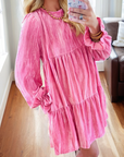 Strawberry Pink Flounce Sleeve Tiered Ruffled Velvet Mini Dress