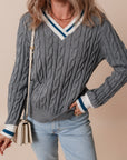 Kayle Ribbed Edge Cable Knit V Neck Sweater