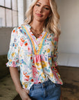 Solana Boho Flower Half Puff Sleeve Blouse