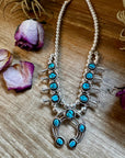 Mini Squash Blossom Necklace & Earrings – Kingman Turquoise – Sterling Silver – Native Made by Lonora Garcia – 17.5"