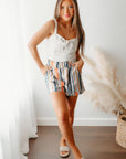 Estella Stripe Vintage Washed Elastic Frill Waist Casual Shorts