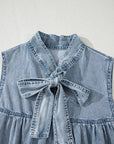 Chambray Bow Neck Sleeveless Ruffle Dress