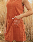 Western Corduroy Embroidered Patch Pocket Mini Dress