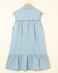 Chambray Bow Neck Sleeveless Ruffle Dress