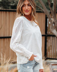 Allison Eyelet Embroidered Smocked Cuff Sheer Blouse