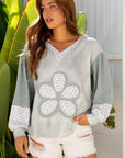 Floral Patchwork Waffle Textured V-Neck Hooded Top