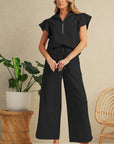Textured Ruffle Sleeve Zipped Top and Wide Leg Pants Set