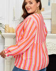Plus Size Stripe Crinkled Half-Button V-Neck Blouse