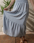 Denim Smocked Tiered Maxi Skirt