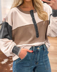 Colorblock Waffle Knit Patchwork Henley Top