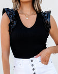 Solid Ribbed Leatherette Ruffle Sleeve Bodysuit