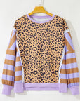 Plus Size Leopard Stripe Patchwork Side Slit Sweatshirt