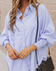 Stripe Smocked Long Sleeve Button-Up Shirt