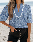 Alayah Floral Striped Ric-rac Puff Sleeve Top