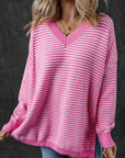 Alana Striped Scallop V Neck Loose Sweater