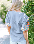 Hadlee Floral Embroidered Puff Sleeve Split Neck Blouse