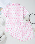 Bow Short Sleeve and Ruffled Shorts Pajama Set
