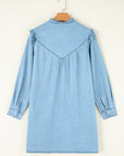 Denim Ruffle V-Neck Buttoned Mini Dress