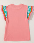 Floral Ric-Rac Contrast Short Sleeve Top