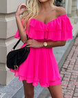 Chiffon Off The Shoulder Ruffle Layered Shirred Nimi Dress