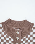 Checker Ribbed Trim Half-Button Sweater