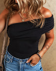 Solid Pleated One Shoulder Bodysuit
