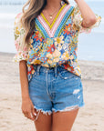 Boho Floral Crochet V-Neck Blouse