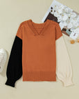 Colorblock Raw Edge Bubble Sleeve V-Neck Sweater