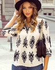 Vintage Geometric Printed V Neck Blouse