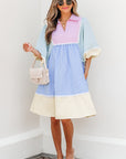 Joelle Striped Ric Rac Puff Sleeve Collared Mini Dress