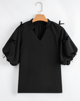 Bow Puff Sleeve V-Neck Blouse