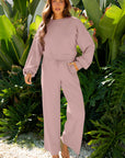 Solid Puff Sleeve Top and Drawstring Pants Set
