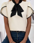 Stripe Contrast Bow Neckline Blouse