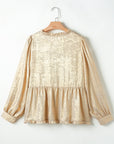 Solid Metallic V-Neck Puff Sleeve Babydoll Blouse