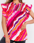 Abstract Shirred Ruffle Sleeve Blouse