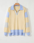 Stripe Colorblock Collared Drop Shoulder Sweater
