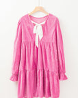 Strawberry Pink Flounce Sleeve Tiered Ruffled Velvet Mini Dress