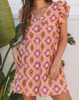 Alexandria Floral V Neck Buttoned Ruffled Sleeve Mini Dress