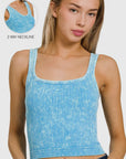 Sky Blue Ribbed Crop Tank with Reversible Neckline
