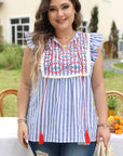 ARIYA STRIPE GEO PATTERN EMBROIDERED TASSEL FLUTTER Plus BLOUSE
