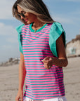 Adrianna Stripe Ruffled Sleeve Crew Neck Blouse