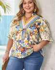Plus Size Floral V-Neck Puff Sleeve Blouse