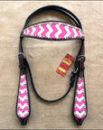 HILASON Western Horse Genuine Leather Headstall & Breast Collar Set Pink Zigzag
