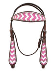 HILASON Western Horse Genuine Leather Headstall & Breast Collar Set Pink Zigzag