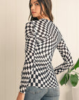 Checkered Pattern Mesh Long Sleeve Top