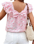 Floral Bow Back Ruffle Sleeve Blouse