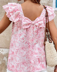 Floral Bow Back Ruffle Sleeve Blouse